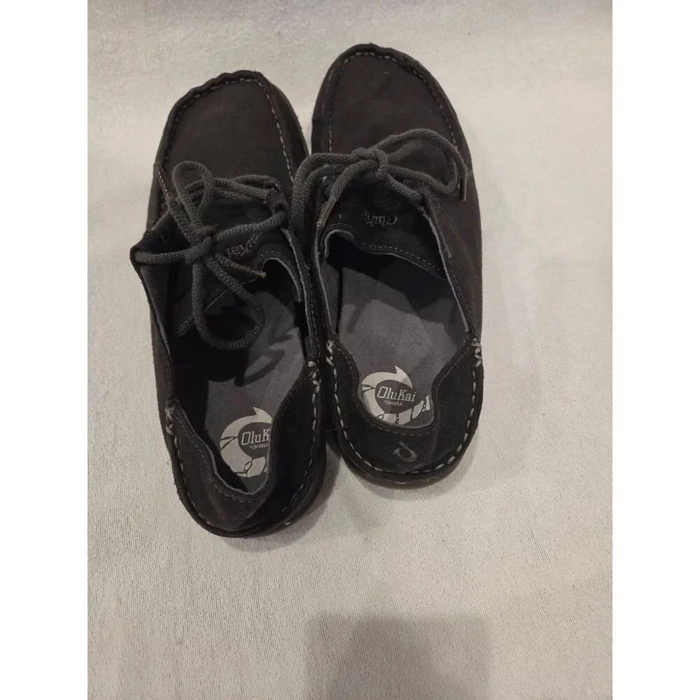 Olukai Ohana Lace Up Mens Casual Shoes Black Canvas Suede Loafers Sz 10